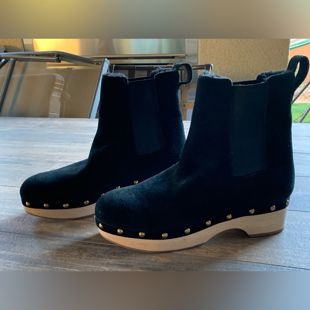 NEW J. Crew black suede leather faux fur lined clog ankle boots size 10.5 NEW!
